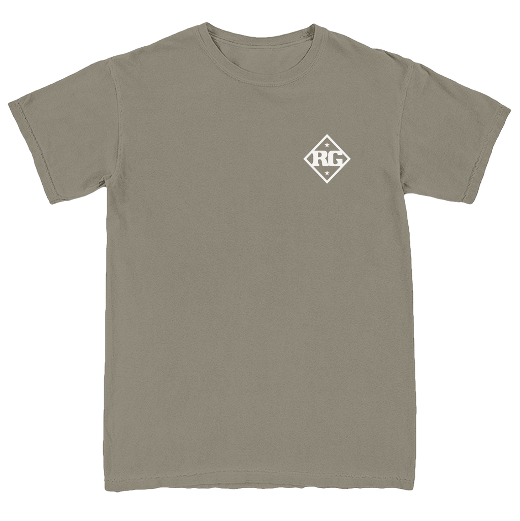 Khaki t-shirt with a logo on the chest against a white background