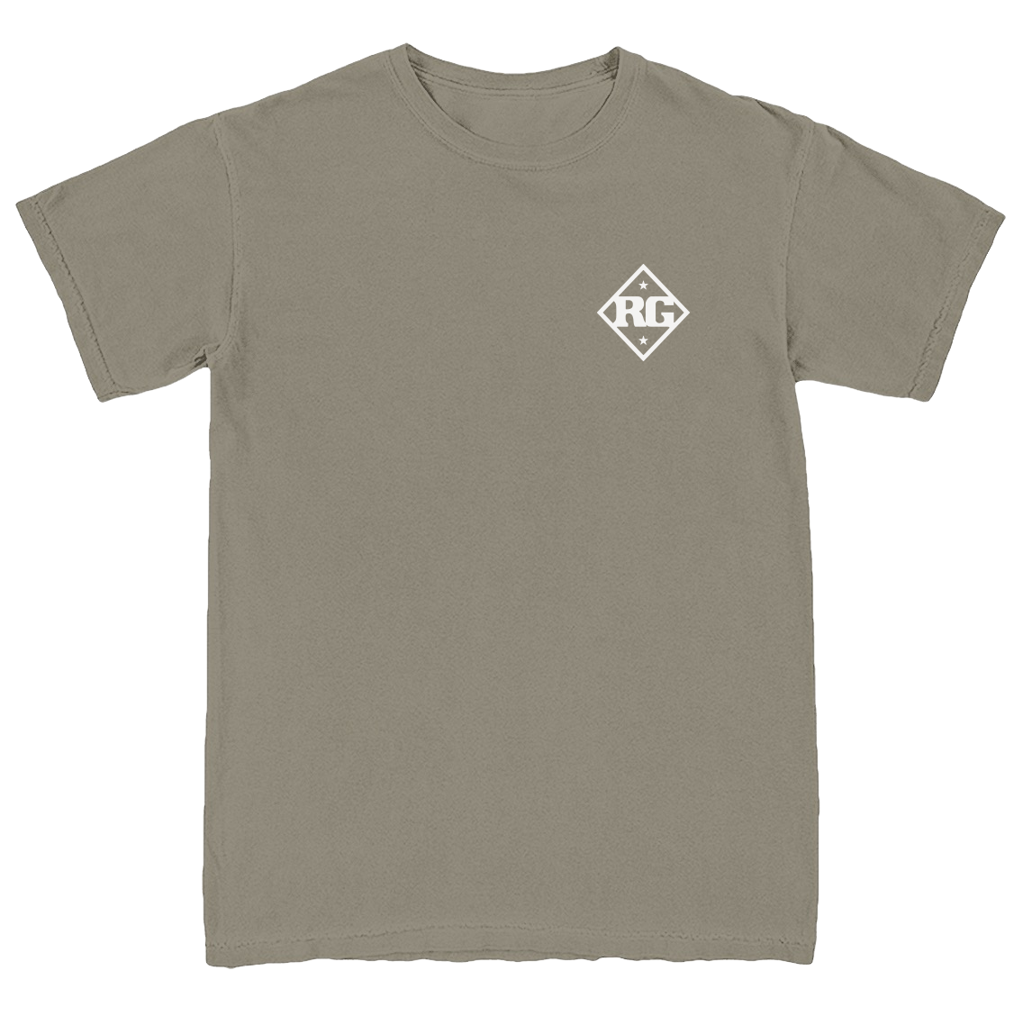 Khaki t-shirt with a logo on the chest against a white background