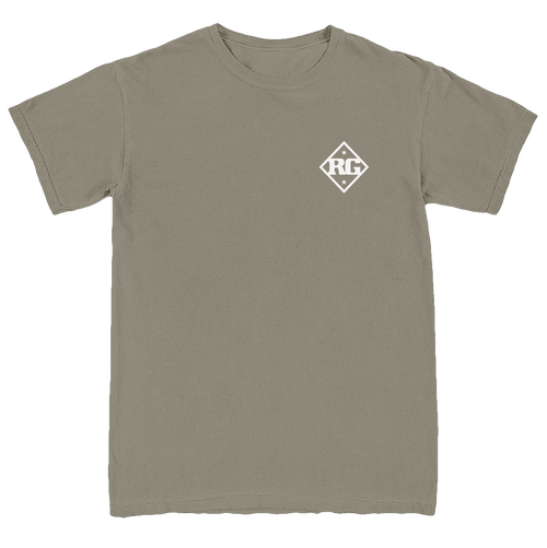 Khaki t-shirt with a logo on the chest against a white background