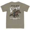 Khaki t-shirt with a graphic of a person riding a horse and text on the back, on a white background.