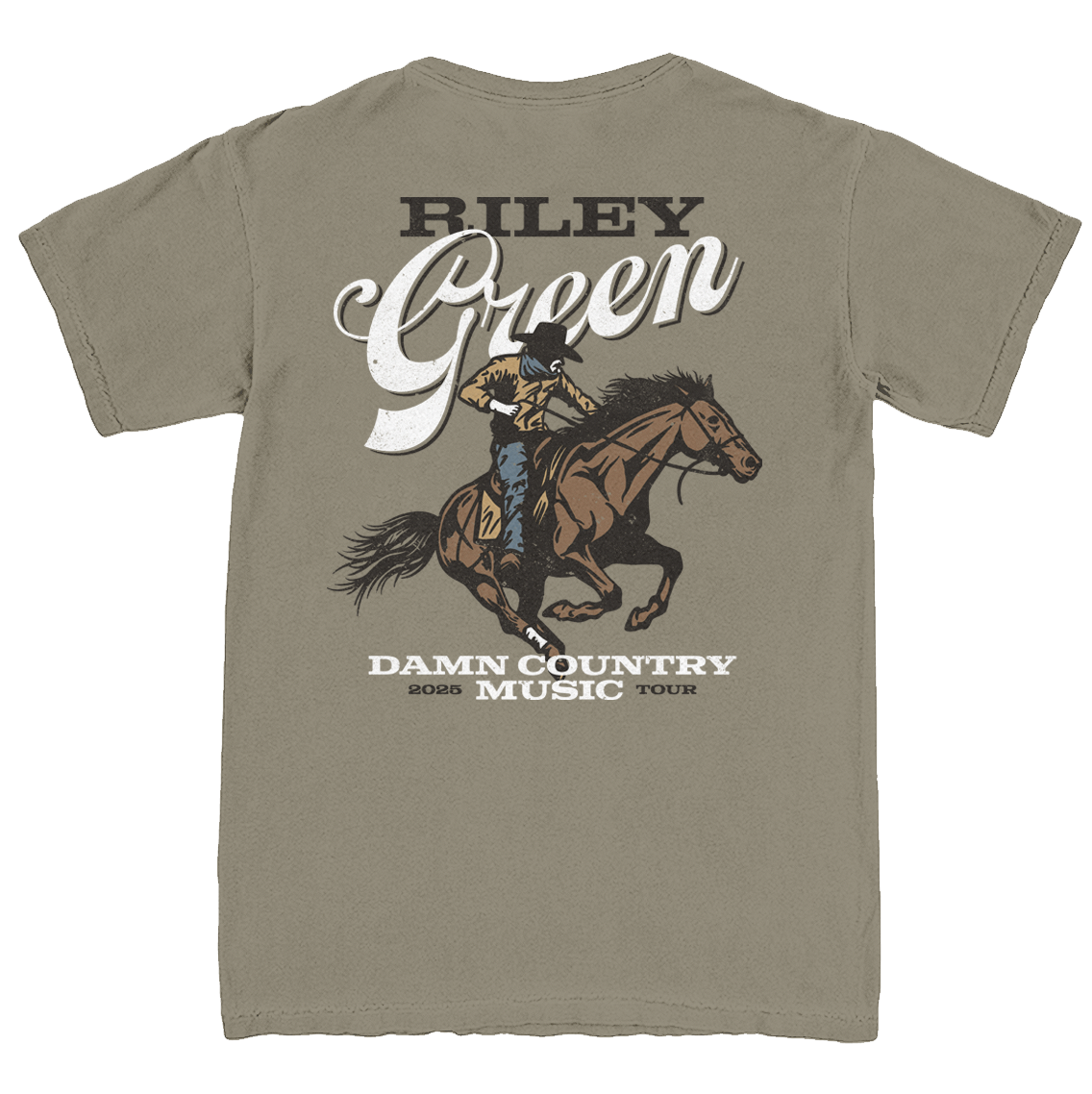 Khaki t-shirt with a graphic of a person riding a horse and text on the back, on a white background.