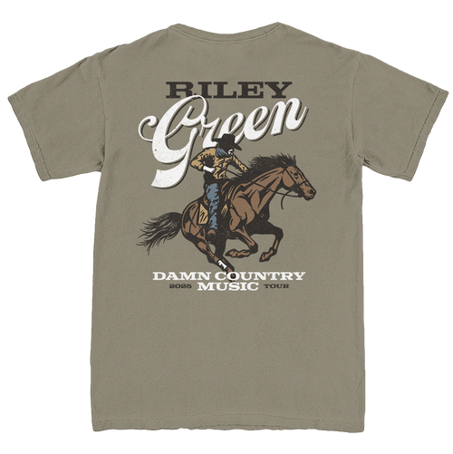Khaki t-shirt with a graphic of a person riding a horse and text on the back, on a white background.