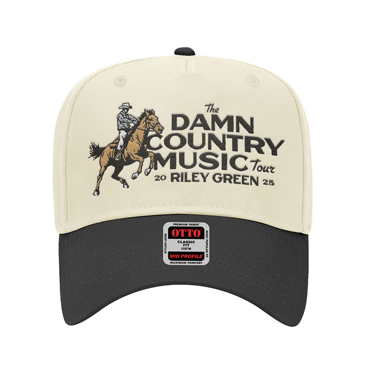 Cap with 'The Damn Country Music Tour' design featuring a rider on a horse, black text, and Otto logo.