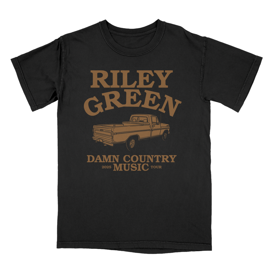 Black t-shirt with 'Riley Green Damn Country Music Tour' graphic on a white background