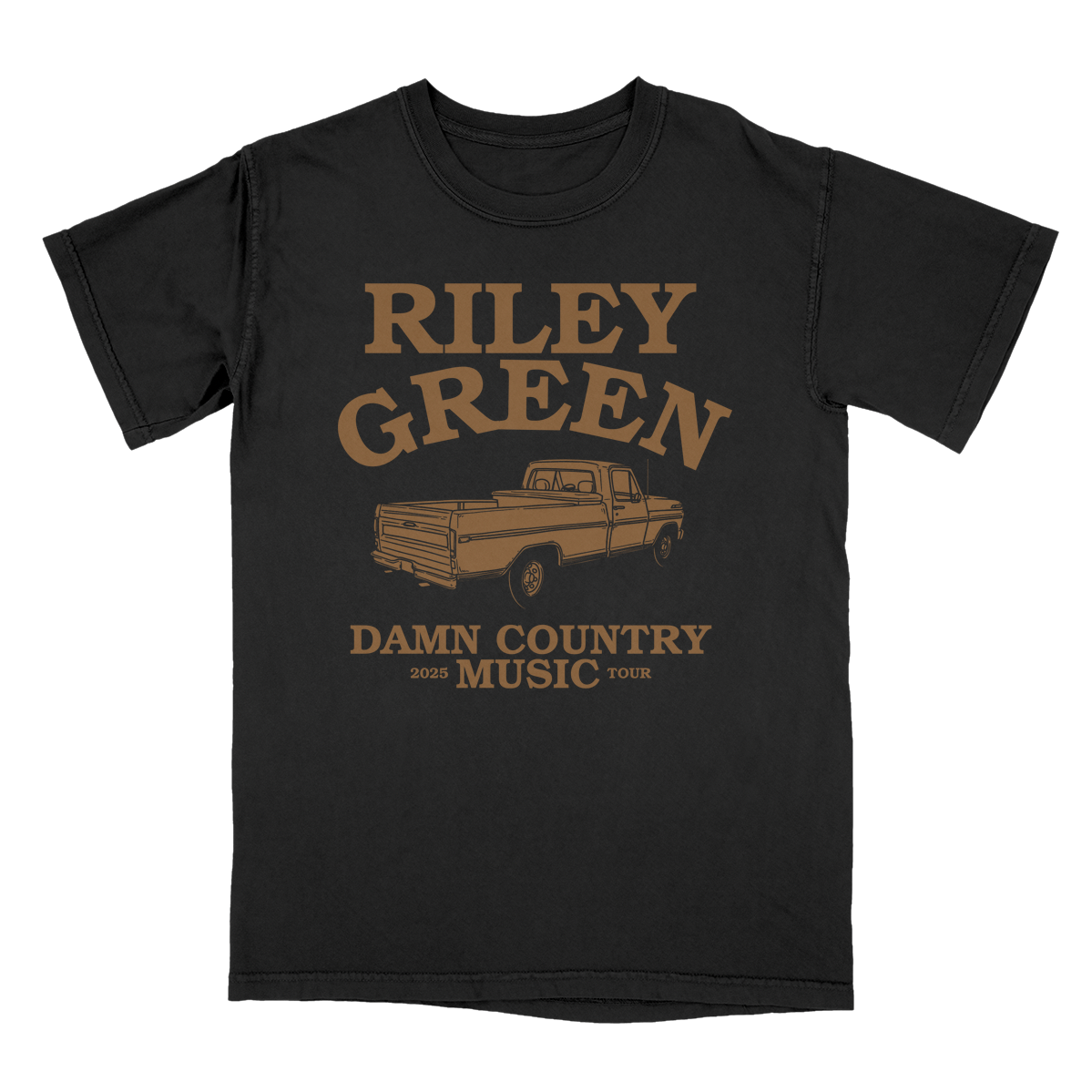 Black t-shirt with 'Riley Green Damn Country Music Tour' graphic on a white background