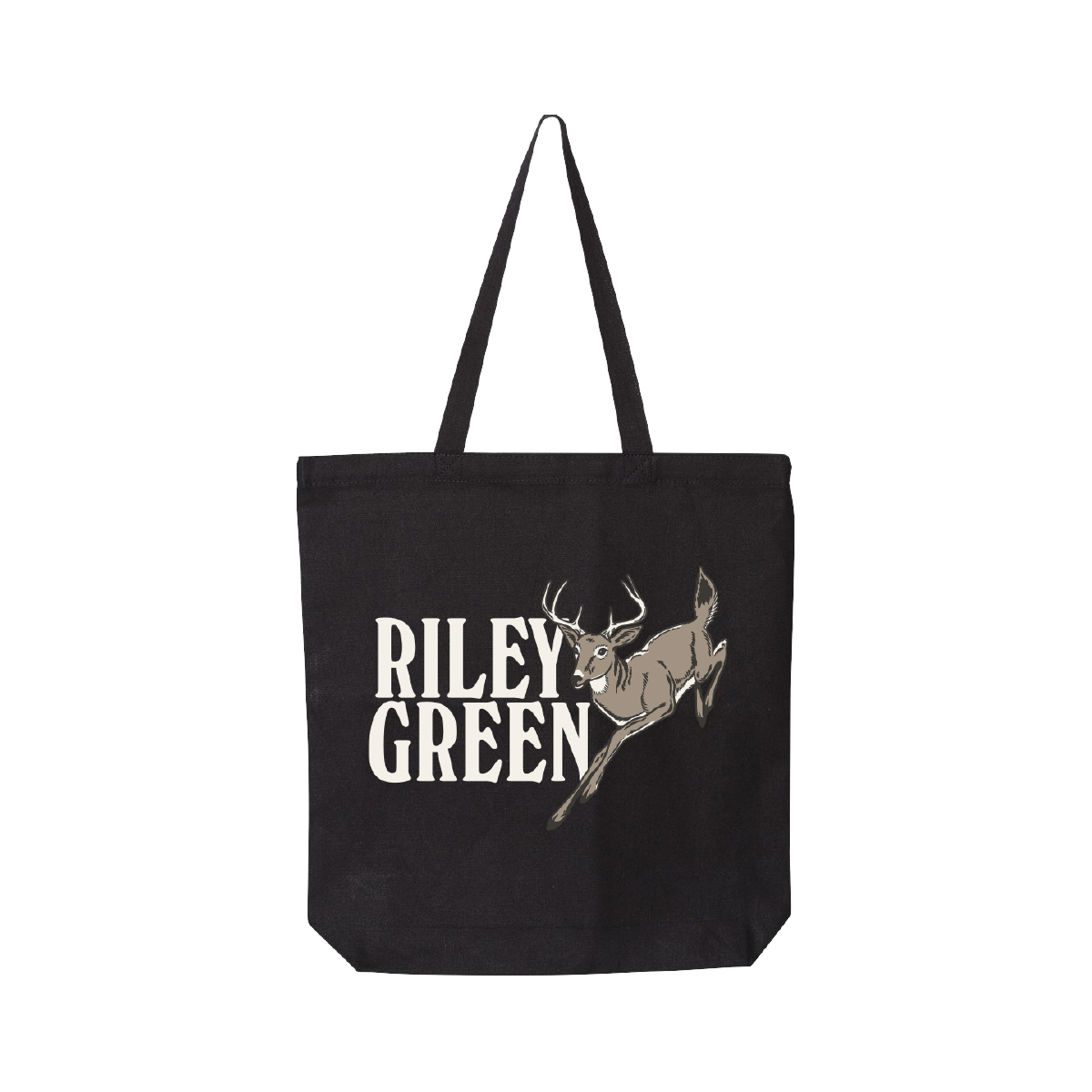 Black tote bag with 'Riley Green' and a deer graphic on a white background