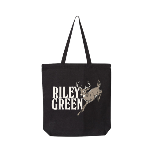 Black tote bag with 'Riley Green' and a deer graphic on a white background