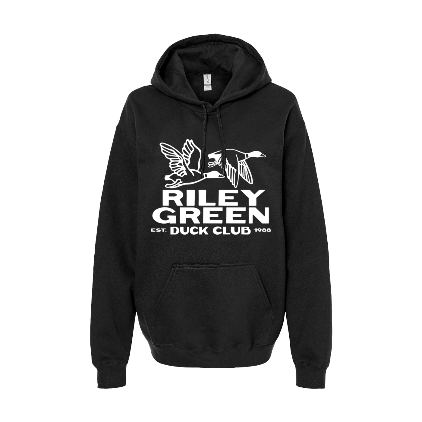 Black hoodie with 'Riley Green Duck Club' text and logo on a white background