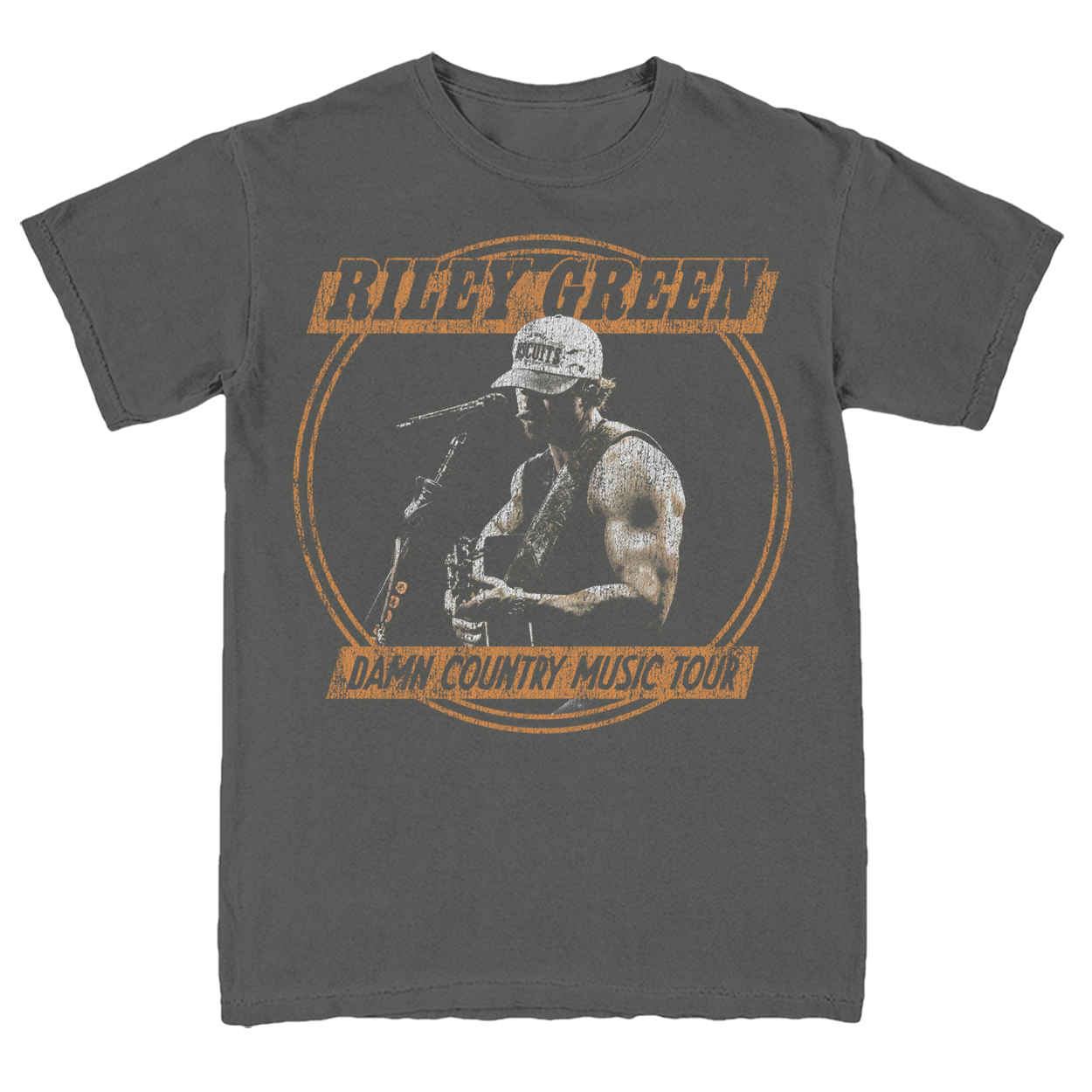 Gray t-shirt with a graphic of a person playing guitar and text 'Riley Green Damn Country Music Tour' on a white background.